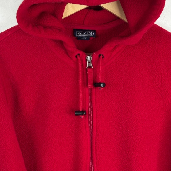 VTG 90s Lands End Red Fleece Hooded Jacket L Long Full Zip Pockets Fall Cabin - Picture 2 of 11